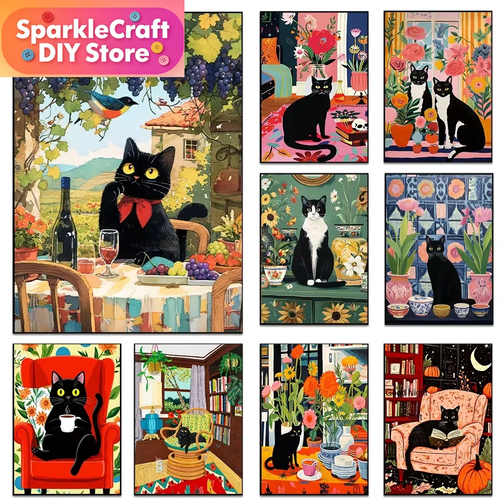 Embroidery Gift Ideas - 1 adet çerçevesiz Karikatür Siyah Kedi