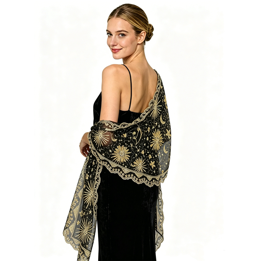 Embroidery Shawl - 1920'ler Payetli Çiçek Nakışlı Abiye Şallar