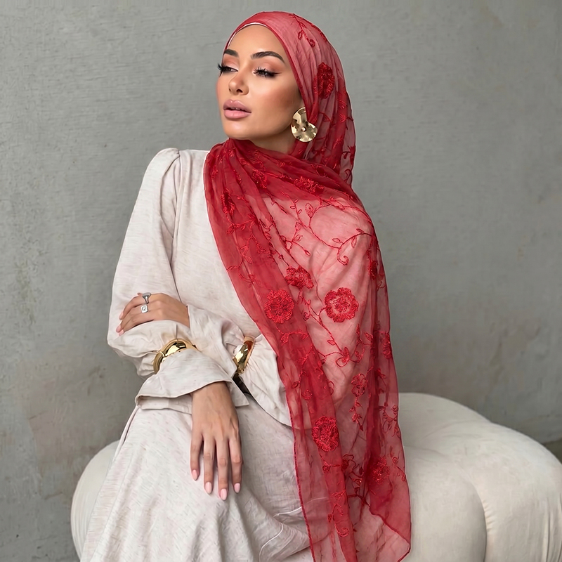 Embroidery Shawl - Çiçek Nakışlı Müslüman Başörtüsü Şeffaf Eşarp