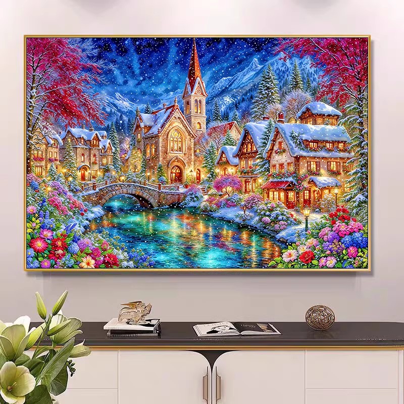 Embroidery Tas - 9ct 100x75cm Kış Kilisesi Nakış DIY